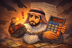 رجل عربي يبدو عليه القلق، مقيد بسلسلة متصلة بقنبلة موقوتة، يمسك آلة حاسبة تعرض رقمًا سالبًا كبيرًا، وحوله أوراق ترمز للقرض الشخصي وإشعارات تحذير، في مشهد يرمز إلى خطورة القرض الشخصي والديون المتراكمة.