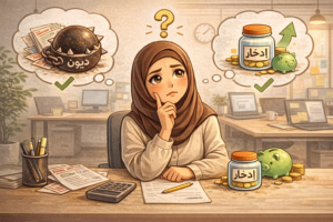 إنفوجرافيك كرتوني عن سداد الديون مقابل الادخار يوضح تقليل الفوائد وتحسين الوضع المالي مقابل بناء احتياطي مالي وتحقيق الأهداف المستقبلية