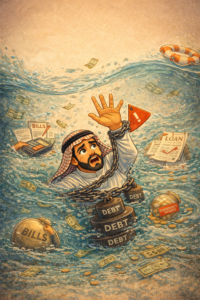 رجل عربي يغرق في الماء وهو مقيد بسلاسل متصلة بأثقال مكتوب عليها ديون، يحاول النجاة بينما تحيط به فواتير وأموال متناثرة وصندوق ادخار مقلوب، في مشهد يرمز إلى الغرق التدريجي في الديون